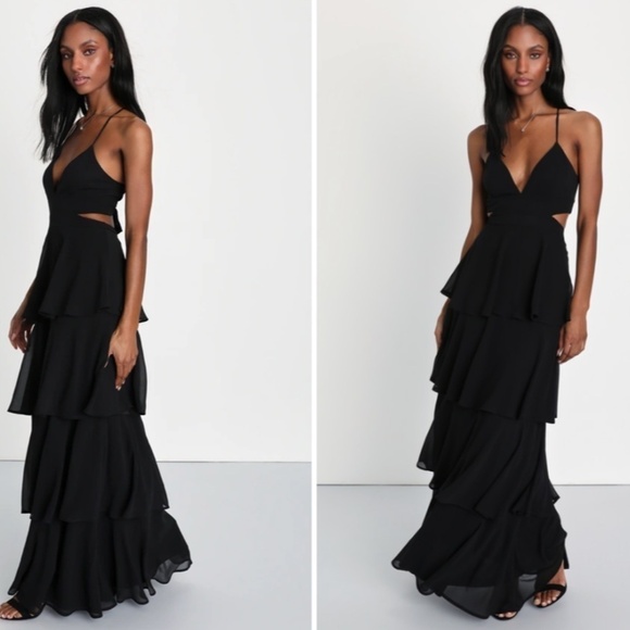 LULUS Prom Wedding Bridesmaid Sexy Tiered Ruffles Black Maxi Dress - Picture 1 of 3